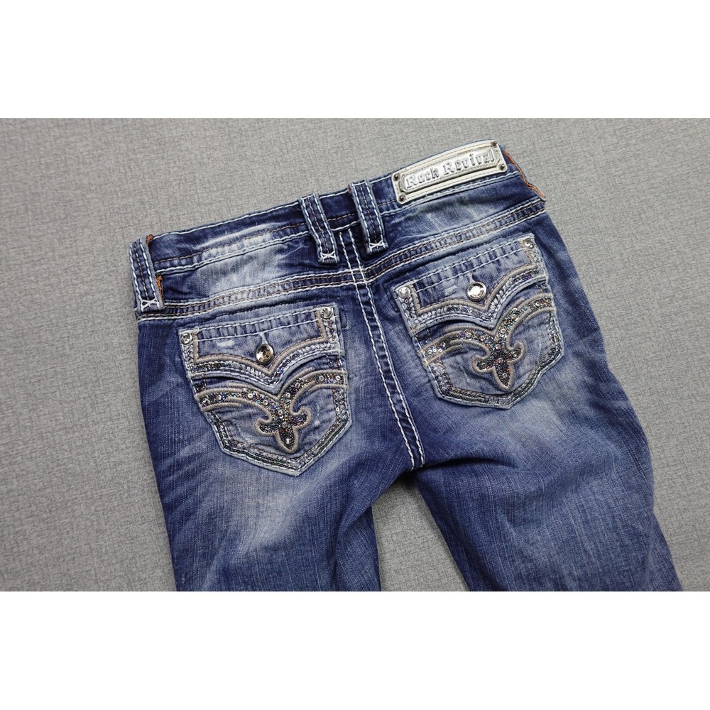 Rock Revival Vien Ankle Skinny Jeans Womens 26x27 Blue Rhinestone Flap Pockets